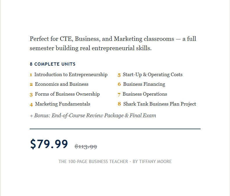 Entrepreneurship course description: 8 units including a Shark Tank Business Plan project, $79.99