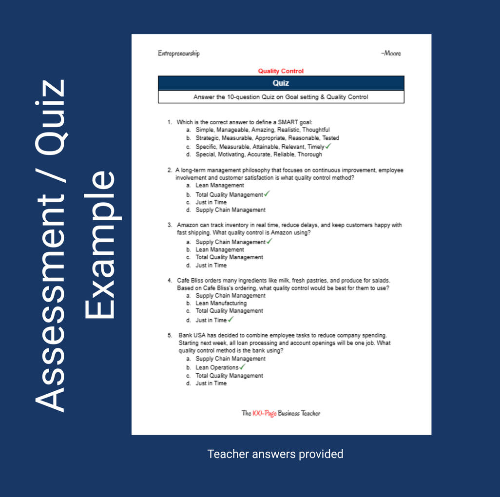 Example student quiz and assessment for the Quality Control unit Example student quiz and assessment for the Quality Control unit